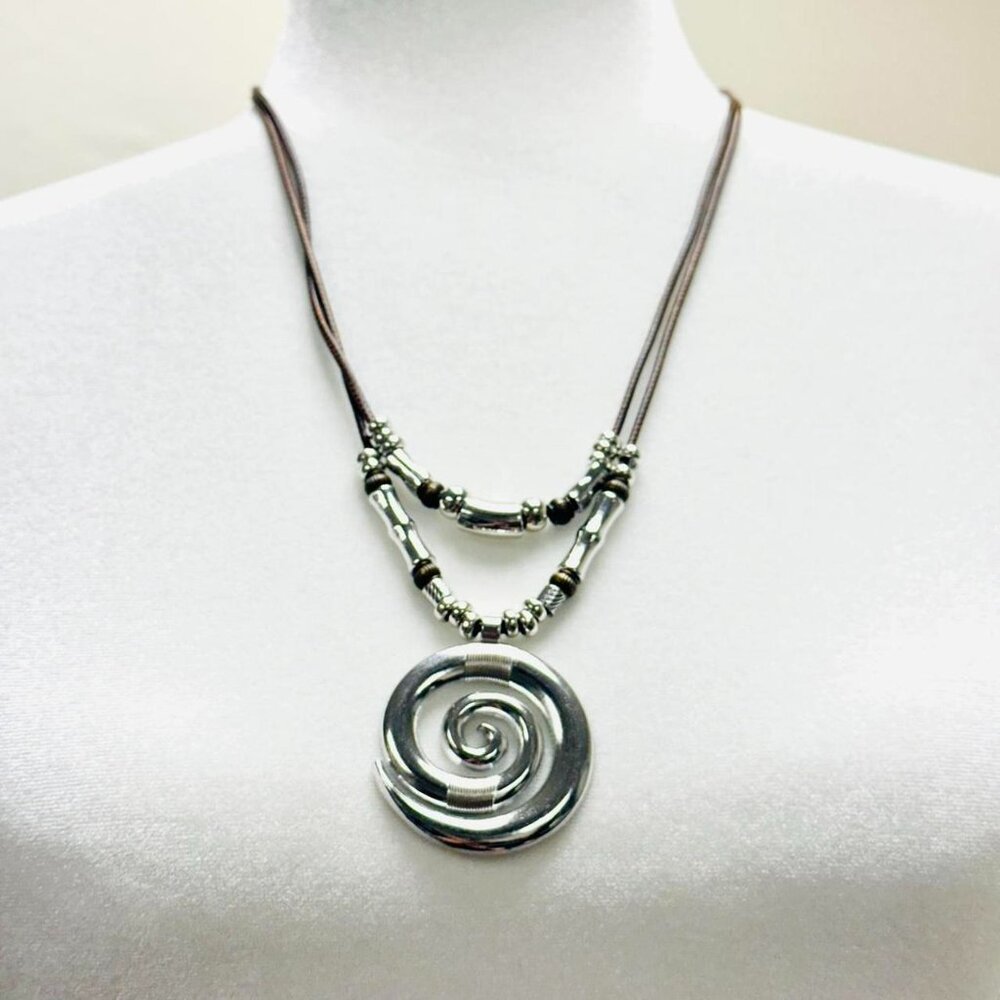 Y2K 2000s style Silver tone spiral pendant necklace with beaded strand